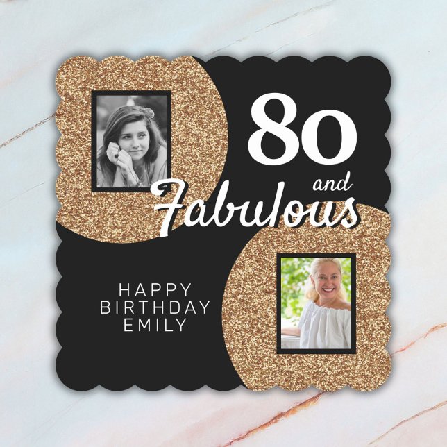 80 and Fabulous Gold Glitter 2 Photo 80th Birthday Paper Coaster (Creator Uploaded)