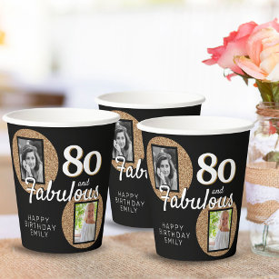 80 and Fabulous Gold Glitter 2 Photo 80th Birthday Paper Cups