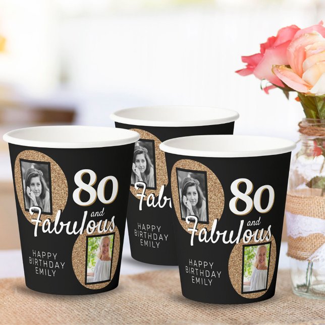 80 and Fabulous Gold Glitter 2 Photo 80th Birthday Paper Cups (Creator Uploaded)