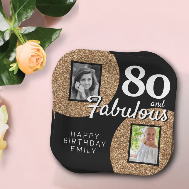 80 and Fabulous Gold Glitter 2 Photo 80th Birthday Paper Plates (Creator Uploaded)