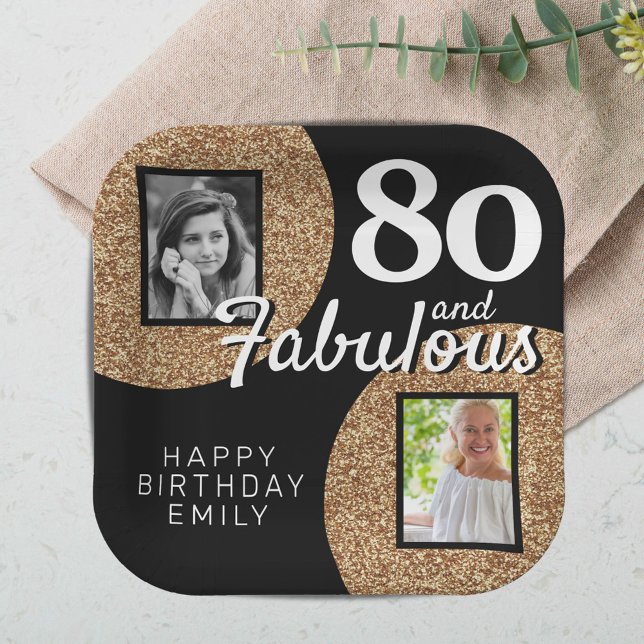 80 and Fabulous Gold Glitter 2 Photo 80th Birthday Paper Plates (Creator Uploaded)