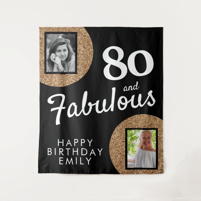 80 and Fabulous Gold Glitter 2 Photo 80th Birthday Tapestry (Front)