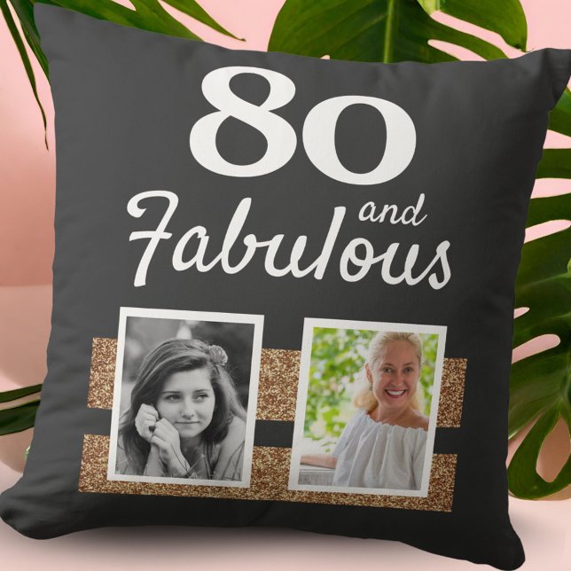 80 and Fabulous Gold Glitter 2 Photo 80th Birthday Throw Pillow (Creator Uploaded)