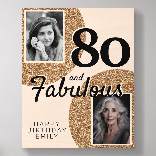 80 and Fabulous Gold Glitter 2 Photo 80th Birthday Wood Photo Tile (Front Set)