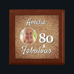 80 and Fabulous Gold Glitter 80th Birthday Photo Gift Box<br><div class="desc">80 and Fabulous Gold Glitter 80th Birthday Photo Gift Box. Faux gold glitter with a photo in a round frame. 80th birthday gift for her. Personalize with name and photo.</div>