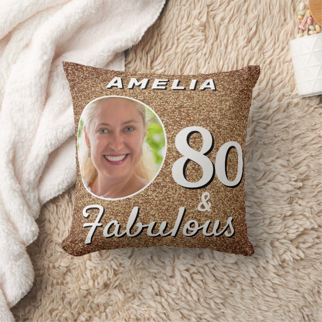 80 and Fabulous Gold Glitter 80th Birthday Photo Throw Pillow (Blanket)