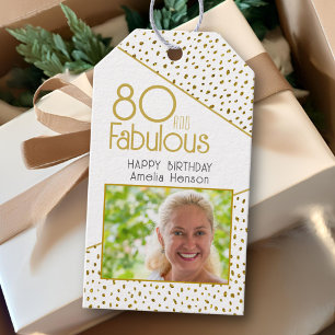 80 and Fabulous Gold Glitter Photo 80th Birthday Gift Tags