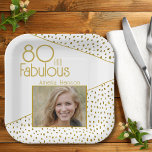 80 and Fabulous Gold Glitter Photo 80th Birthday Paper Plates<br><div class="desc">80 and Fabulous Gold Glitter Photo 80th Birthday Party Paper Plates. Modern design with trendy typography and faux gold glitter spots. The design has a custom photo and name. Make personalized 80th birthday party paper plates for her.</div>