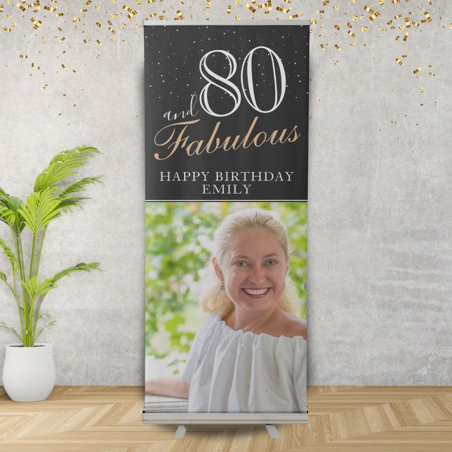 80 and Fabulous Modern Black 80th Birthday Photo  Retractable Banner (Creator Uploaded)