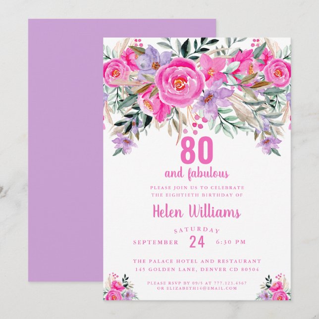 80 and fabulous pink 80th birthday invitation (Front/Back)