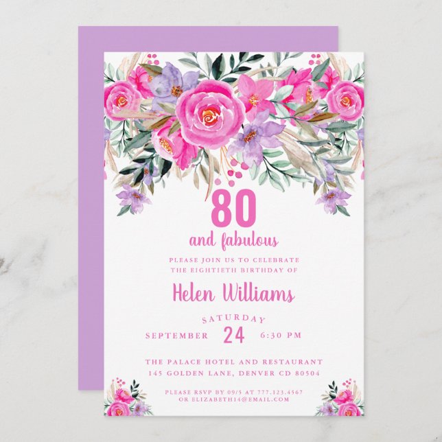 80 and fabulous pink 80th birthday invitation (Front/Back)