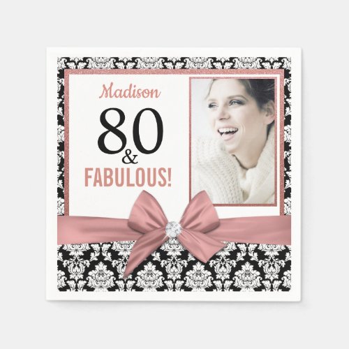 80 and Fabulous Rose gold bow damask 80th Birthday Napkins