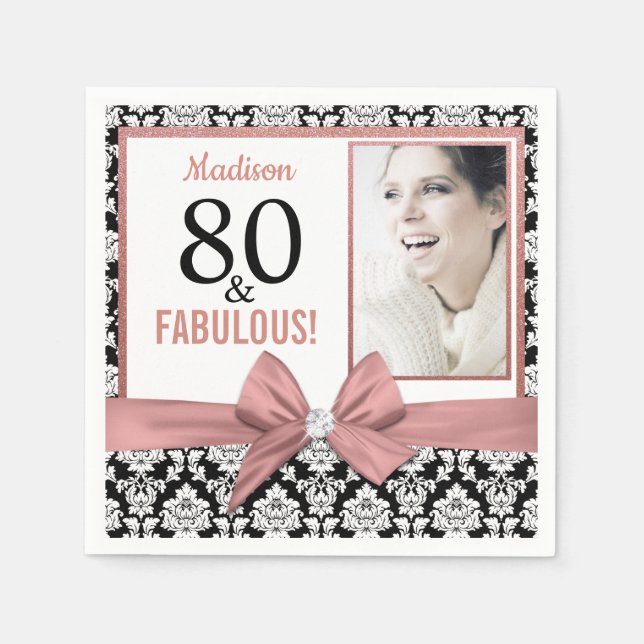 80 and Fabulous Rose gold bow damask 80th Birthday Napkins (Front)