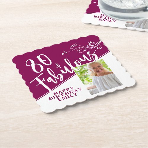 80 and Fabulous Script Photo Magenta 80th Birthday Paper Coaster