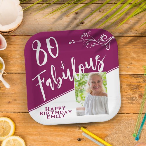 80 and Fabulous Script Photo Magenta 80th Birthday Paper Plates