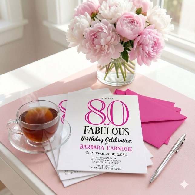80 and Fabulous Script Pink Black 80th Birthday Invitation (Creator Uploaded)