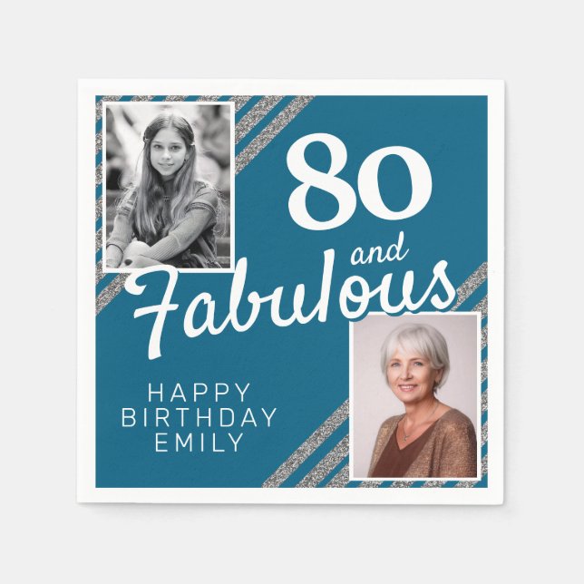 80 and Fabulous Silver Glitter 2 Photo Birthday Napkins (Front)