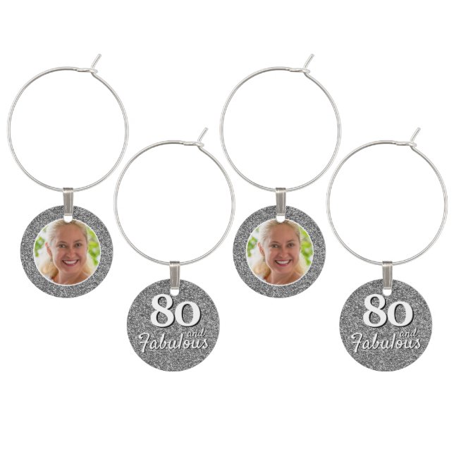 80 and Fabulous Silver Glitter Photo Birthday  Wine Charm (Staggered)