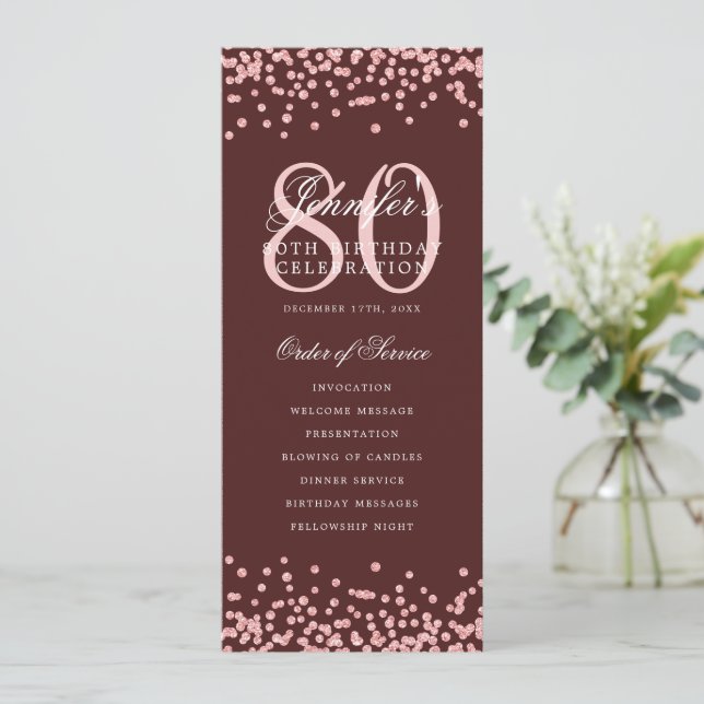 80 Birthday Program Menu Thanks Rose Gold Burgundy (Standing Front)