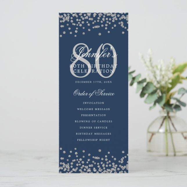 80 Birthday Program Silver Confetti Menu Navy Blue (Standing Front)