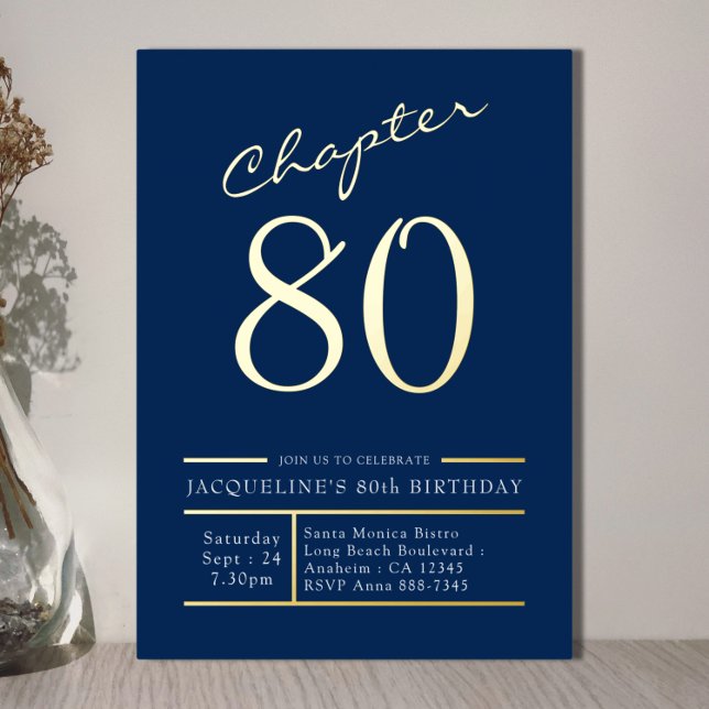 80 Blue 80th Birthday Party Gold Foil Invitation