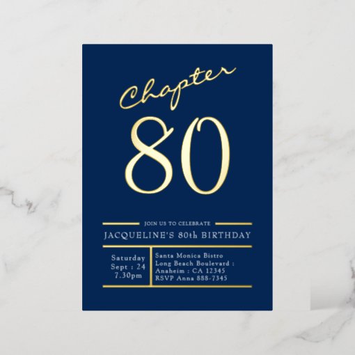 80 Blue 80th Birthday Party Gold Foil Invitation | Zazzle