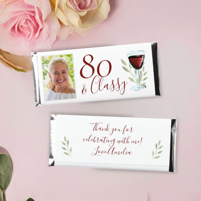 80 & Classy Red Wine Glass 80th Birthday Photo Hershey Bar Favors (Creator Uploaded)