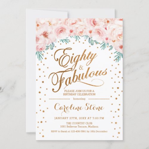 80 Fabulous Birthday Party _ White Gold Pink Invitation