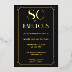 80 & Fabulous Black Gold Photo 80th Birthday Foil Invitation