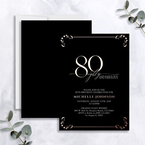 80  Fabulous Black Rose Gold Calligraphy Birthday Foil Invitation