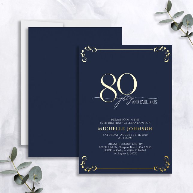 80 & Fabulous Blue & Gold Calligraphy Birthday Foil Invitation (Creator Uploaded)