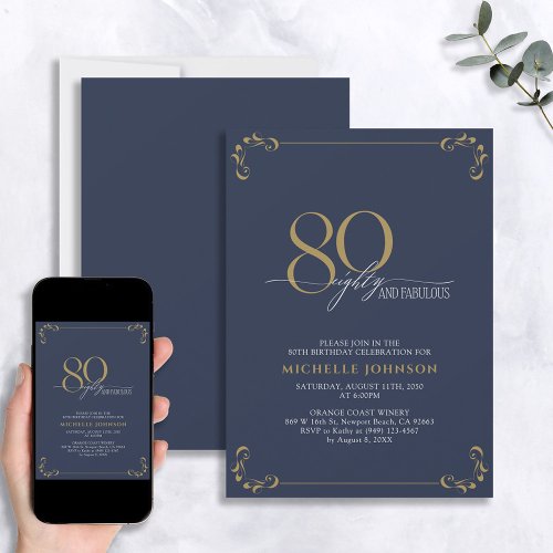 80  Fabulous Blue  Gold Calligraphy Birthday Invitation