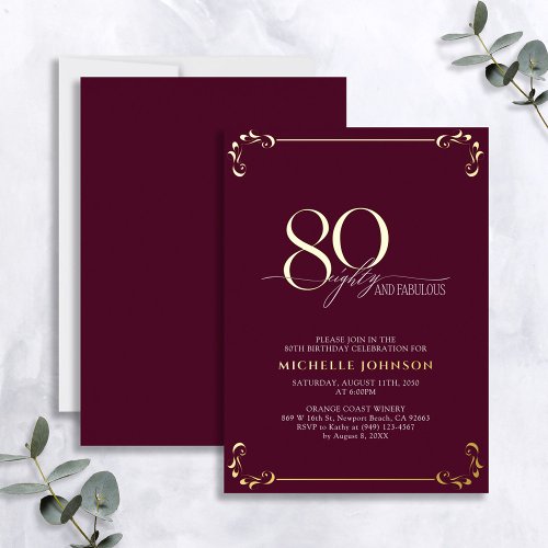 80  Fabulous Burgundy  Gold Calligraphy Birthday Foil Invitation