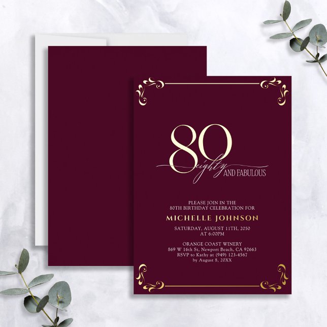80 & Fabulous Burgundy & Gold Calligraphy Birthday Foil Invitation (Creator Uploaded)