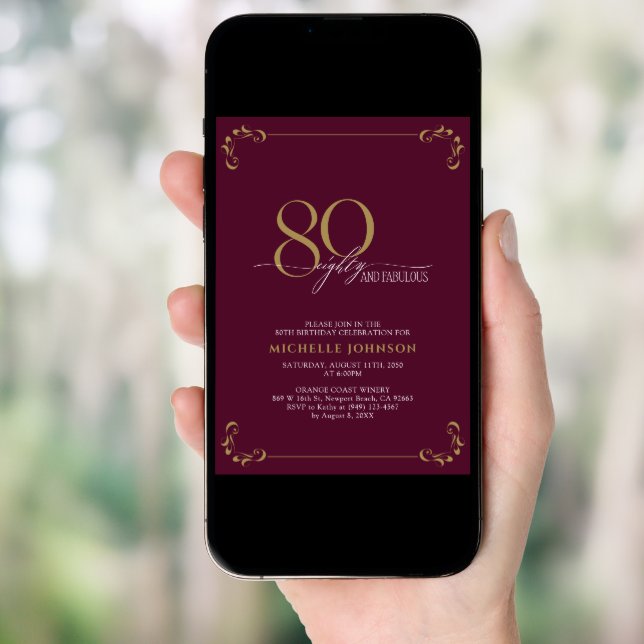 80 & Fabulous Burgundy White & Gold Birthday Invitation (Front Digital)