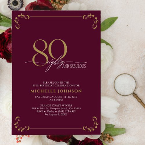 80 & Fabulous Burgundy White & Gold Birthday