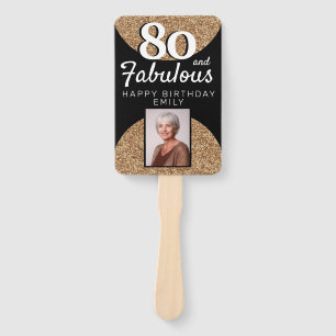80 & Fabulous Gold Glitter Photo 80th Birthday  Hand Fan