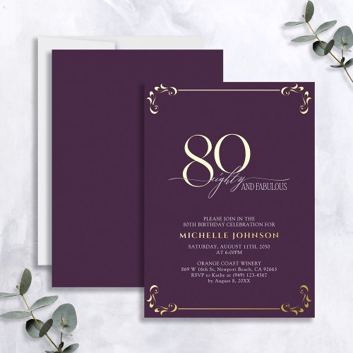 80  Fabulous Purple  Gold Calligraphy Birthday Foil Invitation