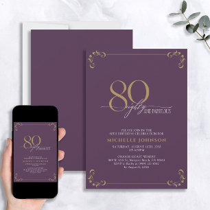 80 & Fabulous Purple & Gold Calligraphy Birthday Invitation