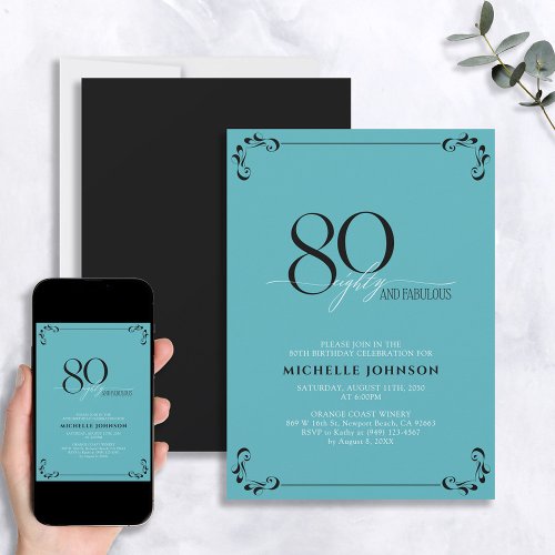 80  Fabulous Turquoise Black  White Birthday Invitation