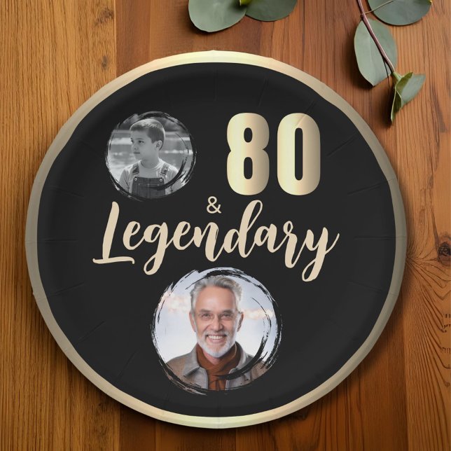 80 & Legendary 2 Photos 80th Birthday Gold Paper Plates (Creator Uploaded)