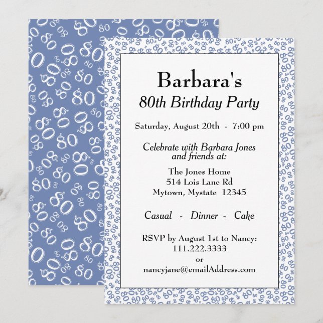 80 Random Number Pattern Blue/White 80th Invitation (Front/Back)