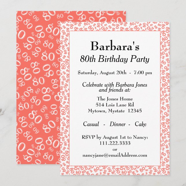 80 Random Number Pattern Coral/White 80th Invitation (Front/Back)