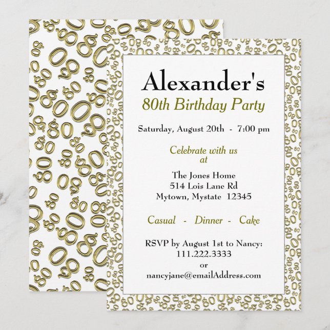 80 Random Number Pattern Gold/White 80th Invitation (Front/Back)