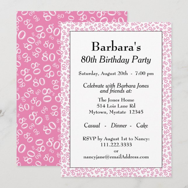 80 Random Number Pattern Pink/White 80th Invitation (Front/Back)