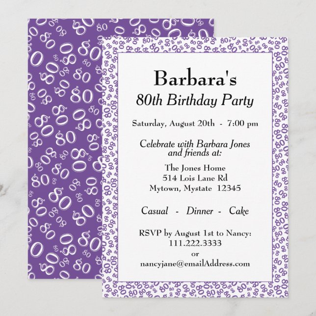 80 Random Number Pattern Purple/White 80th Invitation (Front/Back)