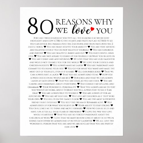 80 Reasons We Love You 80th Birthday gift for her Poster