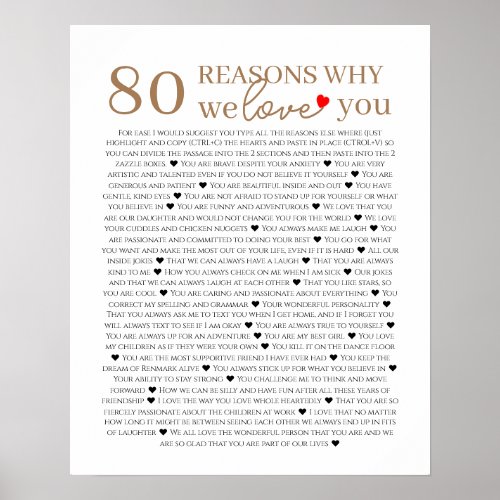 80 reasons why we love you 70th 60th 50th birthday poster