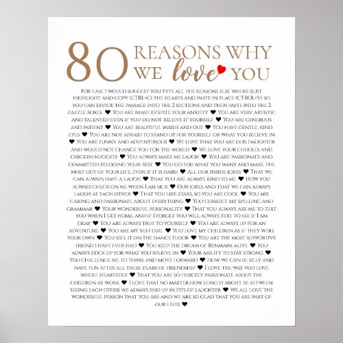 80 reasons why we love you 70th 60th 50th birthday poster