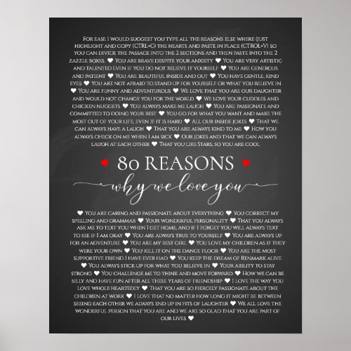 80 reasons why we love you 80th 60th birthday 40th poster